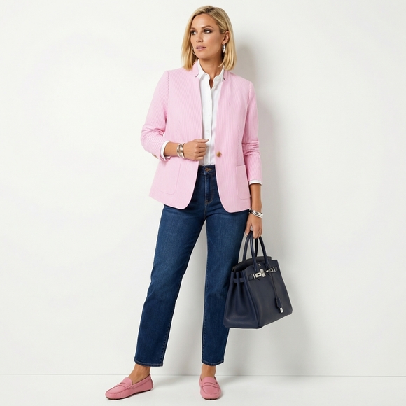 Talbots Aberdeen Womens Linen Cotton Blazer 18W Pink Striped Lined Jacket Coat - Picture 11 of 11